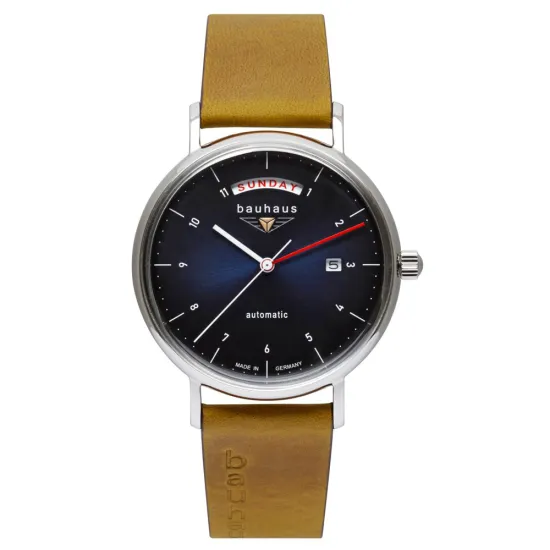 Bauhaus Automatikuhr blau silberfarben mit senfgelbem Lederarmband 2162-3