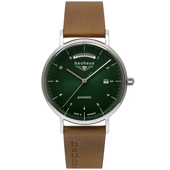 Bauhaus Automatikuhr grün silberfarben mit braunem Lederband 2162-4
