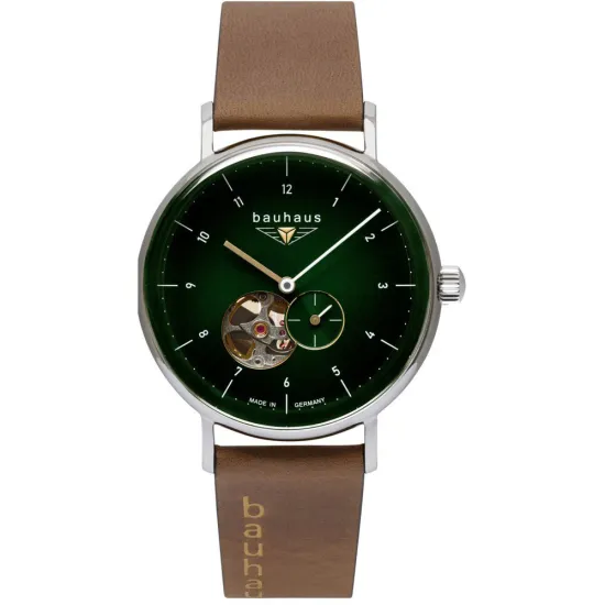 Bauhaus Automatikuhr Open Heart grün mit braunem Lederband 2166-4