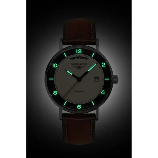 Bauhaus Aviation Automatikuhr beige schwarz mit braunem Lederband 2462-2