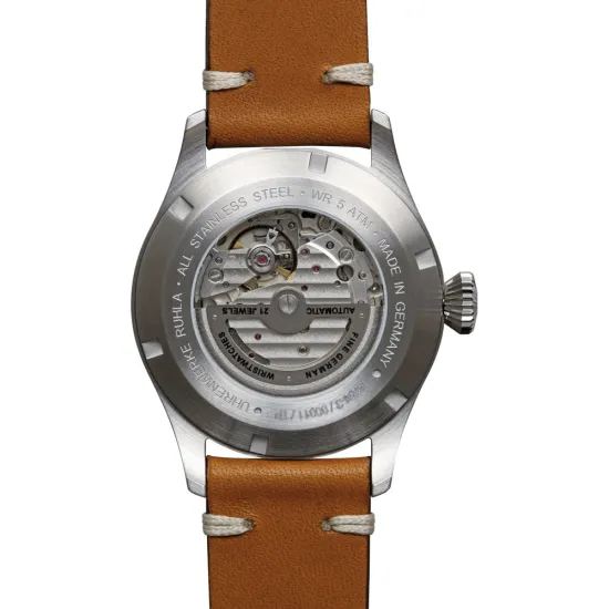 Bauhaus Aviation Tornado Automatikuhr blau silberfarben mit braunen Lederband 2764-3