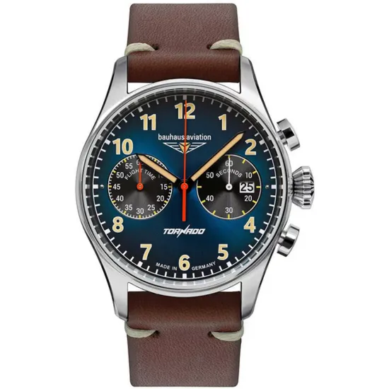 Bauhaus Aviation Tornado Quarzuhr silberfarben blau mit braunem Lederband 2772-3