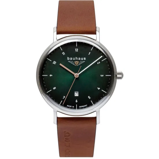 Bauhaus Herrenuhr grün silberfarben mit cognacfarbenem Lederarmband 2140-4