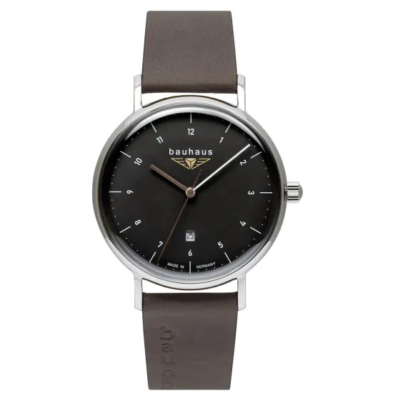 Bauhaus Herrenuhr schwarz silberfarben mit dunkelbraunem Lederband 2142-2
