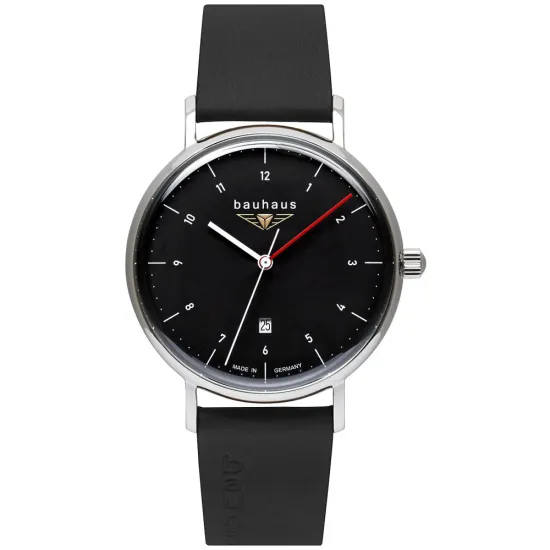 Bauhaus Herrenuhr schwarz silberfarben mit schwarzem Lederarmband 2140-2