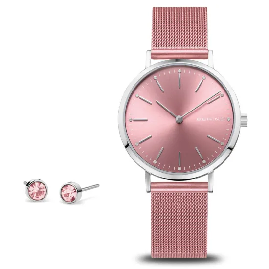 BERING Charity Set Uhr mit Milanaiseband rosa und Ohrstecker rosa 14134-999-GWP