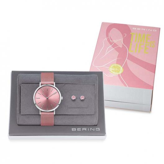 BERING Charity Set Uhr mit Milanaiseband rosa und Ohrstecker rosa 14134-999-GWP