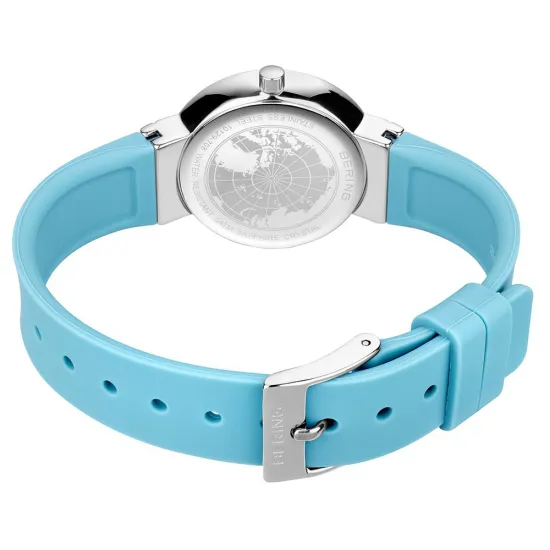 BERING Classic Damenuhr Edelstahl Zifferlbatt blau Silikonband hellblau 10129-708
