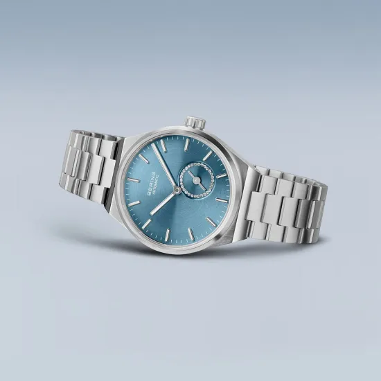 BERING Damenuhr Automatic Edelstahl silberfarben gebürstet blau 19435-Charity