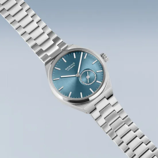BERING Damenuhr Automatic Edelstahl silberfarben gebürstet blau 19435-Charity