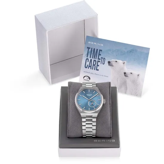 BERING Damenuhr Automatic Edelstahl silberfarben gebürstet blau 19435-Charity