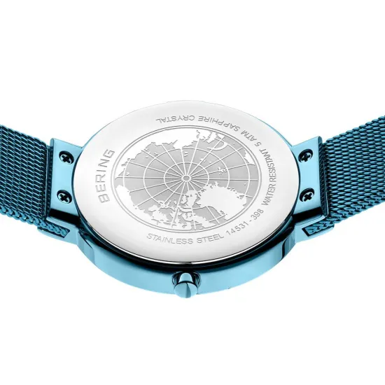 BERING Damenuhr blau glänzend mit goldfarbenen Zeiger 14531-388