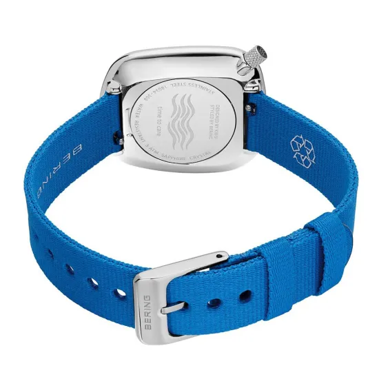 BERING Damenuhr Ocean Pepple blau silberfarben mit recyceltem blauem Textilband 18034-308