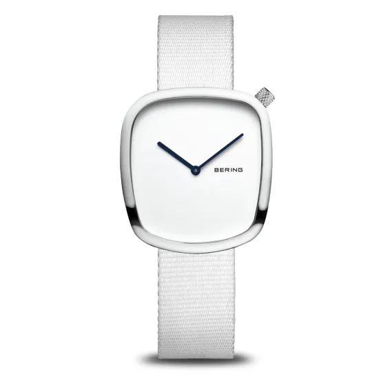 BERING Damenuhr Ocean Pepple weiss silberfarben mit recyceltem weissem Textilband 18034-007