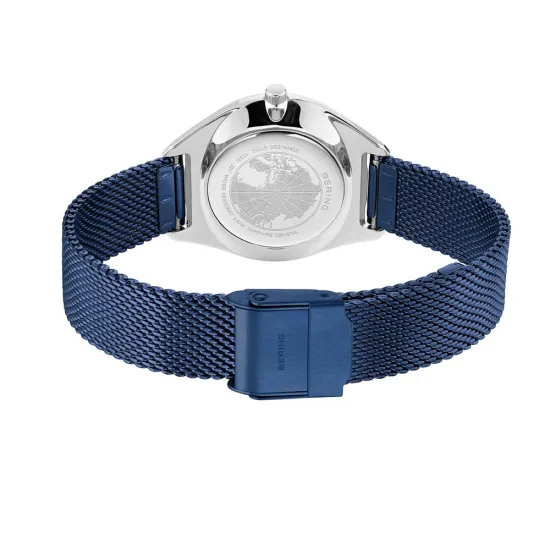 BERING Damenuhr Solar silberfarben mit Milanaiseband blau 17331-307