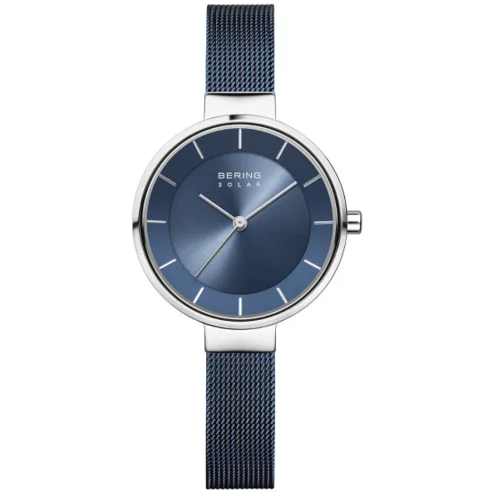 BERING Damenuhr Solaruhr silberfarben mit blauem Milanaiseband 14631-307