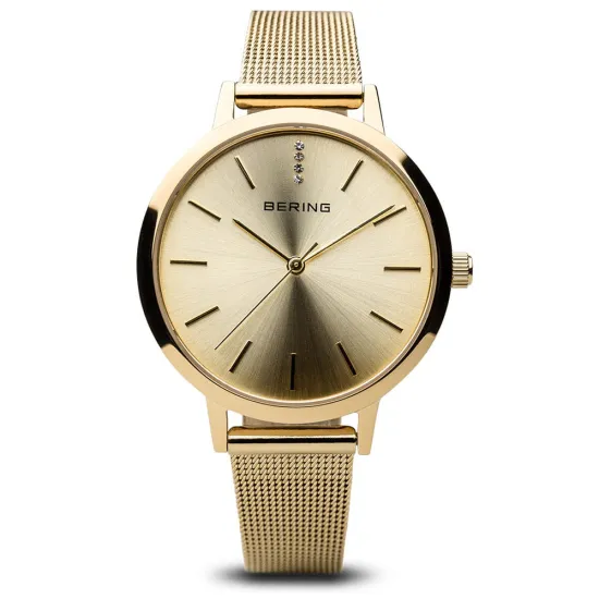 BERING Damenuhr Ultra Slim goldfarben mit Milanaiseband und Zirkonias 13434-333