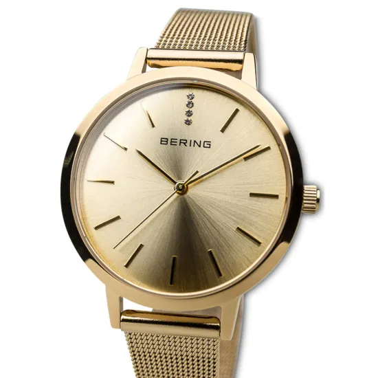 BERING Damenuhr Ultra Slim goldfarben mit Milanaiseband und Zirkonias 13434-333