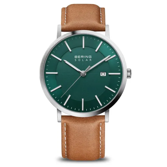 BERING Herrenuhr Slim Solar mit grünem Zifferblatt und Lederband 15439-508