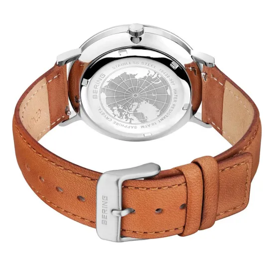 BERING Herrenuhr Slim Solar mit grünem Zifferblatt und Lederband 15439-508