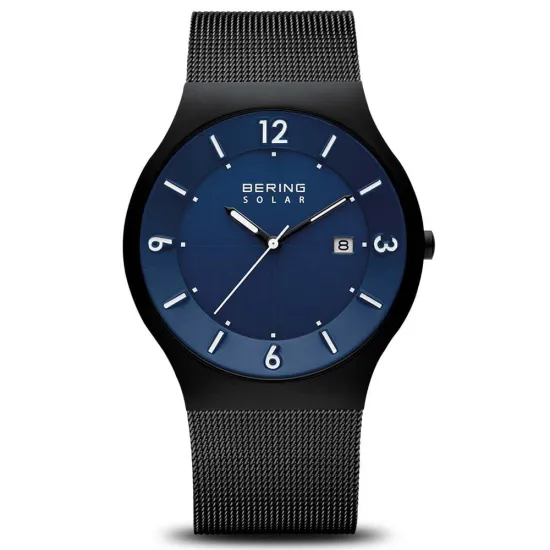 BERING Herrenuhr Solar schwarz mit Milanaiseband und blauen Zifferblatt 14440-227