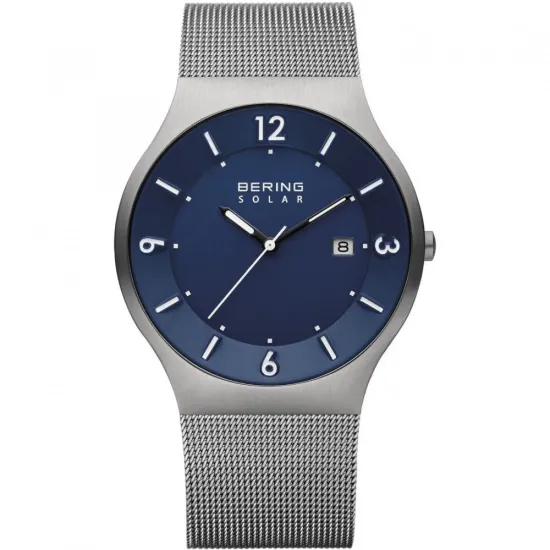 BERING Solaruhr Herrenuhr grau blau mit Milanaiseband 14440-007