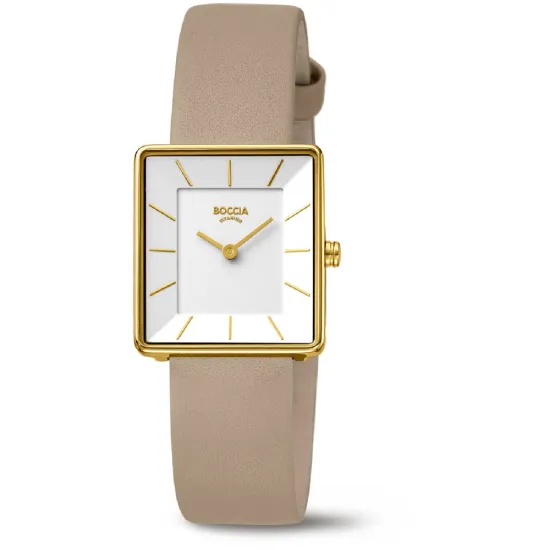 Boccia Damenuhr Titan goldfarben eckig mit braunem Lederband 3351-04