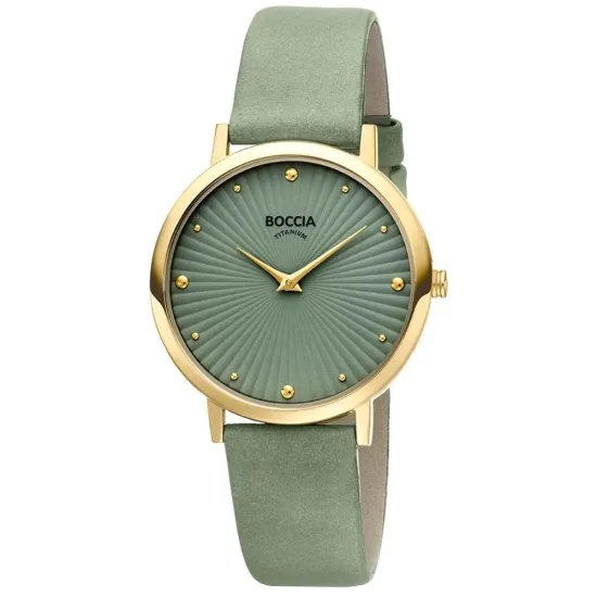 Boccia Damenuhr Titan goldfarben mit grünem Lederarmband 3365-04