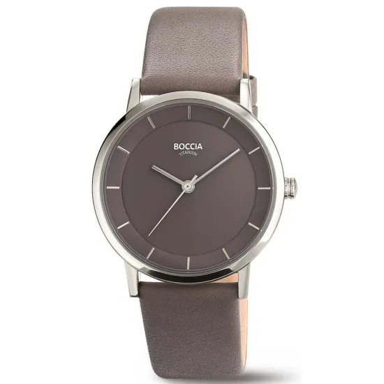 Boccia Damenuhr Titan mit Lederband grau und Zifferblatt grau 3355-02