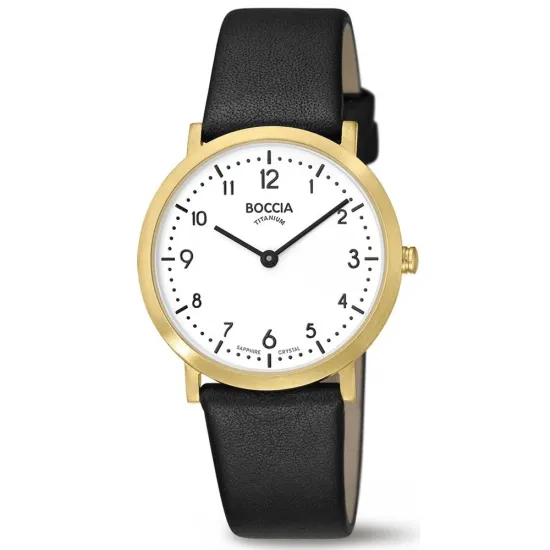 Boccia Damenuhr Titan mit schwarzem Lederband goldfarben weiss 3335-02
