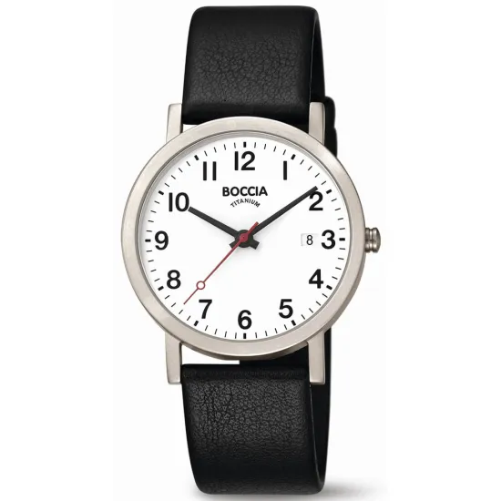 Boccia Herrenuhr Titan mit schwarzem Lederband roter Sekundenzeiger 3622-03