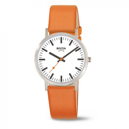 Boccia Titan-Armbanduhr im Bahnhofstyle mit orangefarbenem Lederband 3651-15