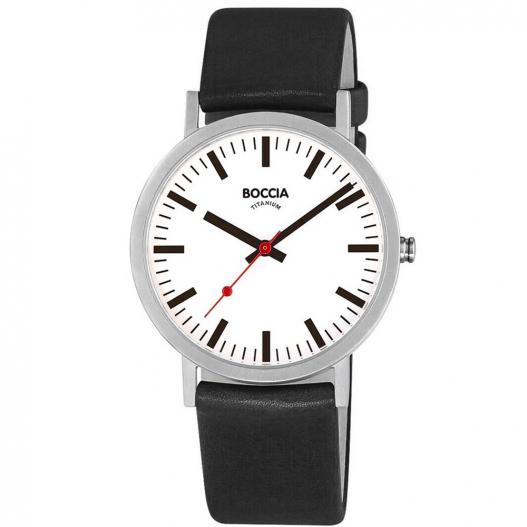 Boccia Titan-Armbanduhr im Bahnhofstyle mit schwarzem Lederband mattiert 3651-08