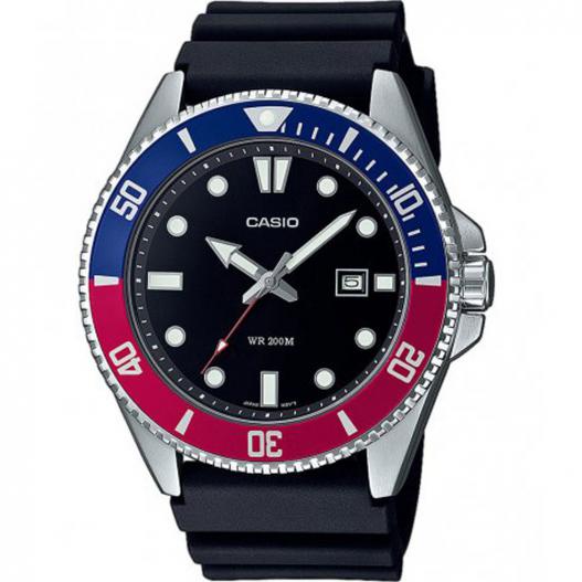Casio Armbanduhr mit schwarzem Silikonband blau rot silberfarben MDV-107-1A3VEF