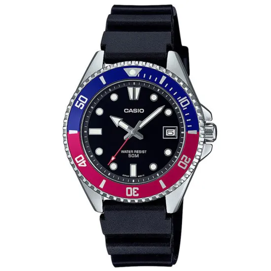 Casio Armbanduhr mit schwarzem Silikonband blau rot silberfarben MDV-10-1A2VEF