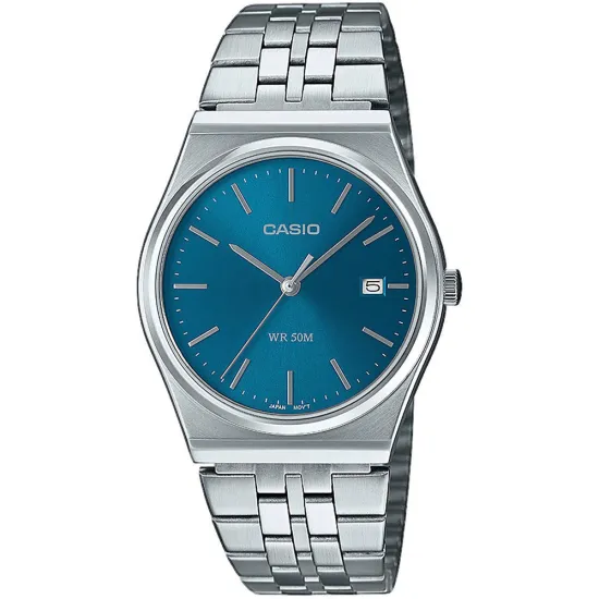 Casio Armbanduhr rund silberfarben blau mit Edelstahlband MTP-B145D-2A2VEF
