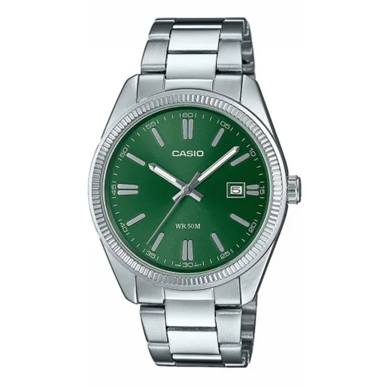 Casio Armbanduhr rund silberfarben grün mit Edelstahlband MTP-1302PD-3AVEF