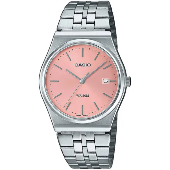 Casio Armbanduhr rund silberfarben rosa mit Edelstahlband MTP-B145D-4AVEF