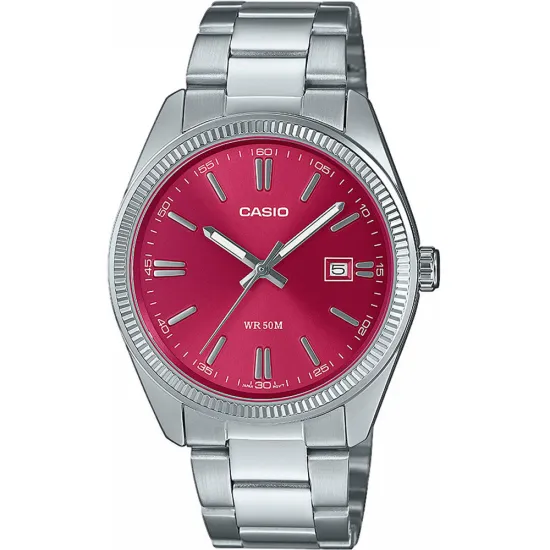 Casio Armbanduhr rund Zifferblatt rot mit Edelstahlband MTP-1302PD-4AVEF