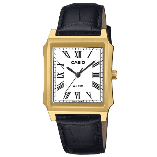 Casio Collection Armbanduhr eckig Edelstahl goldfarben Lederband MTP-B190GL-7BVEF