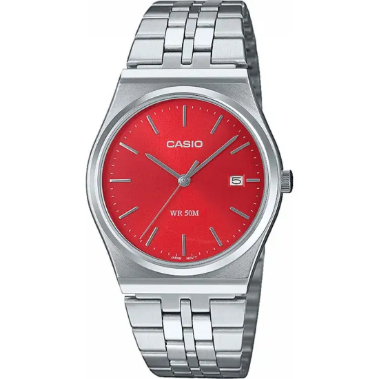 Casio Collection Armbanduhr Edelstahl mit feuerrotem Zifferblatt MTP-B145D-4A2VEF