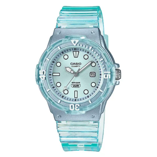 Casio Collection Damenuhr rund hellblau mit durchsichtigem Armband LRW-200HS-2EVEF