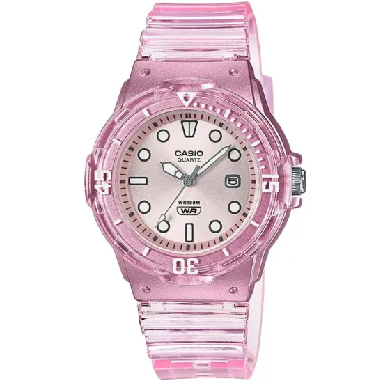 Casio Collection Damenuhr rund rosa mit durchsichtigem Armband LRW-200HS-4EVEF