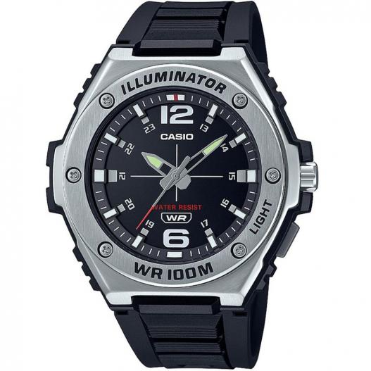 Casio Collection Herrenuhr Armbanduhr analog silberfarben mit schwarzem Silikonband MWA-100H-1AVEF