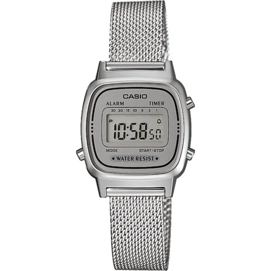 Casio Damenuhr Digitaluhr silberfarben grau mit Milanaiseband