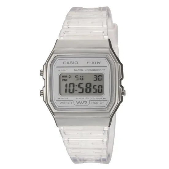 Casio Digitaluhr Armbanduhr aus Kunststoff silberfarben weiss transparent F-91WS-7EF