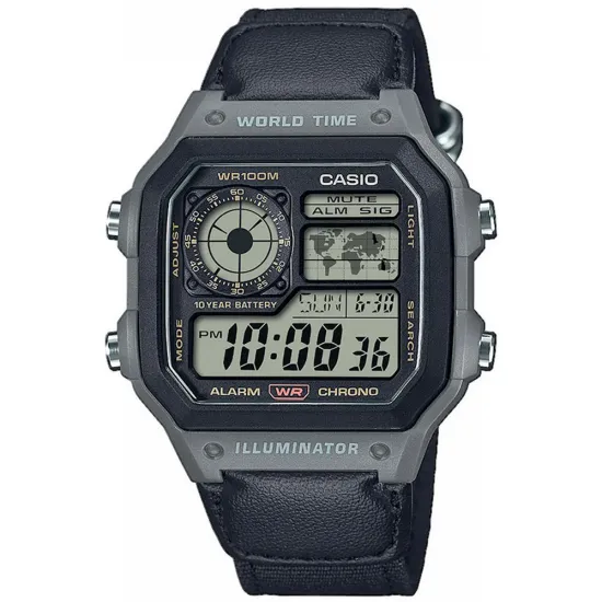 Casio Digitaluhr schwarz grau mit LED Beleuchtung und Textilband AE-1200WHUB-8AVEF