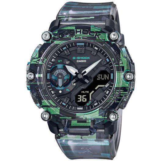 Casio G-SHOCK Armbanduhr transparent Glitch Design grün blau grau GA-2200NN-1AER