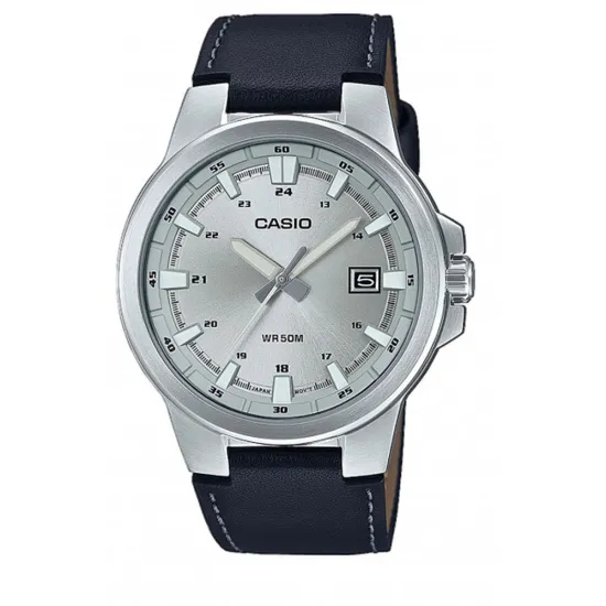 Casio Herrenuhr Edelstahl silberfarben mit Lederband schwarz MTP-E173L-7AVEF