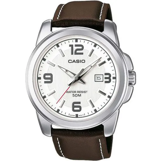 Casio Herrenuhr rund mit braunem Lederband MTP-1314PL-7AVEF